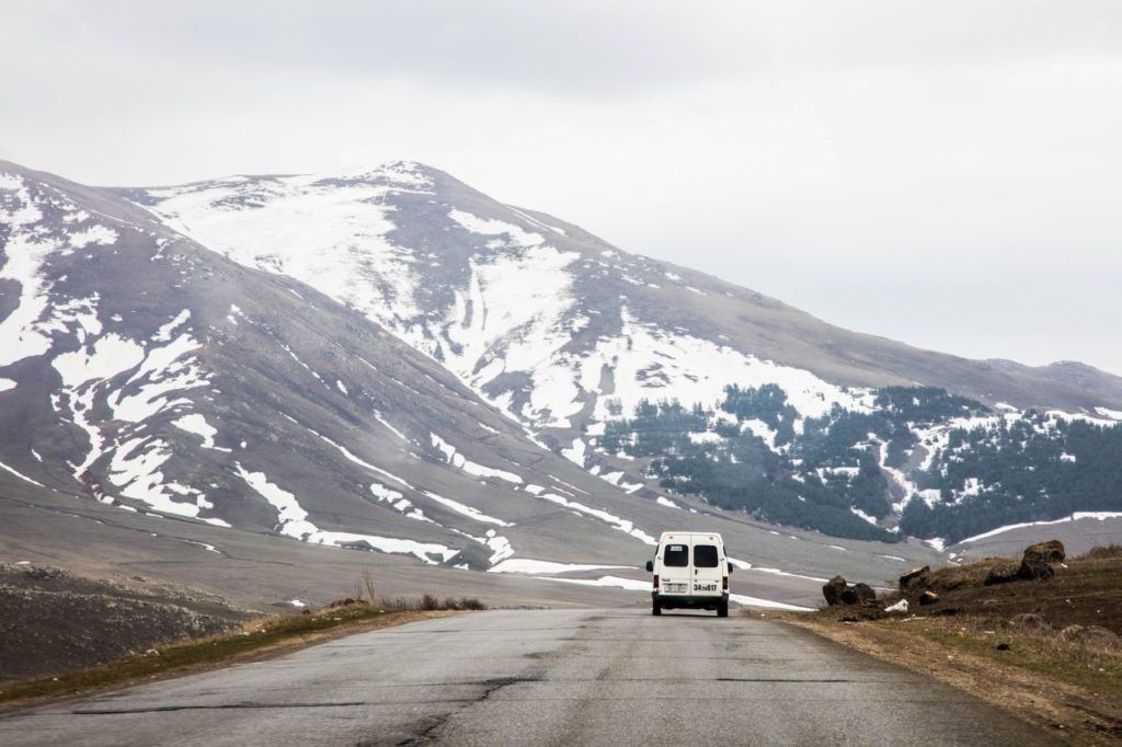Snow still clings to the mountainsides in spring in Armenia.