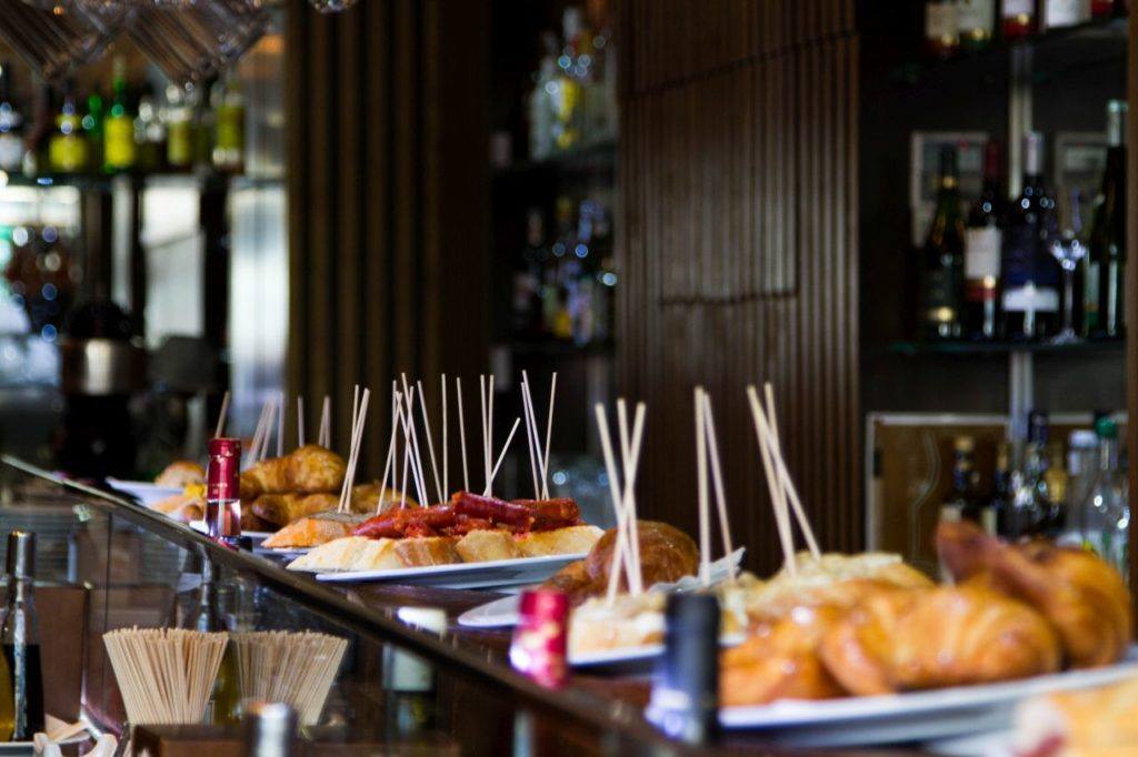 Pinxos stand ready in a bar in Barcelona.