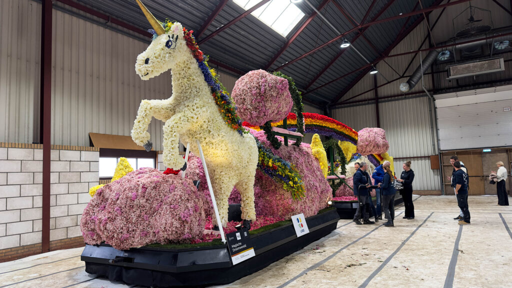 Flower floats of the Bloemencorso are decorated in the Behind the Scenes warehouse in the Netherlands.