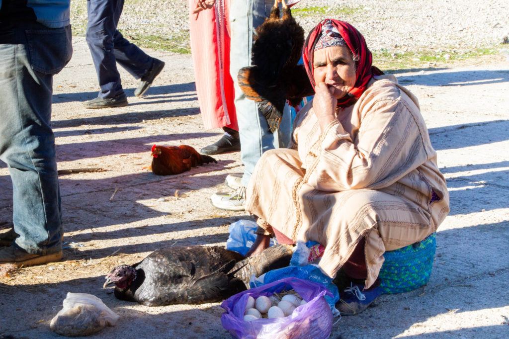 Women selling eggs and a live chicken at the Berber Market.