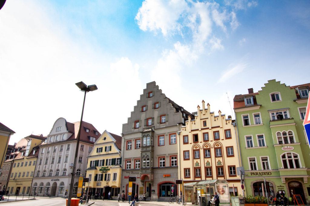 Colorful buildings in the Regensburg Old Town.