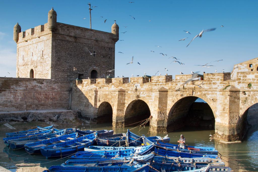 Blue fishing boats tied together next to the fortress wall in Skala Port are an iconic sight to see in Essaouira.