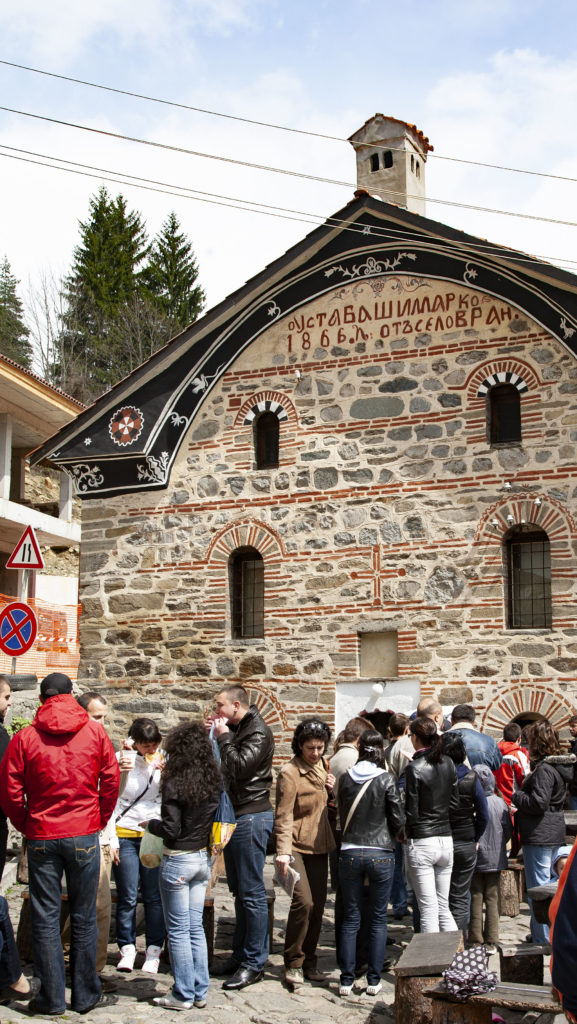 Bakery line for fried bread at Rila Monastery.