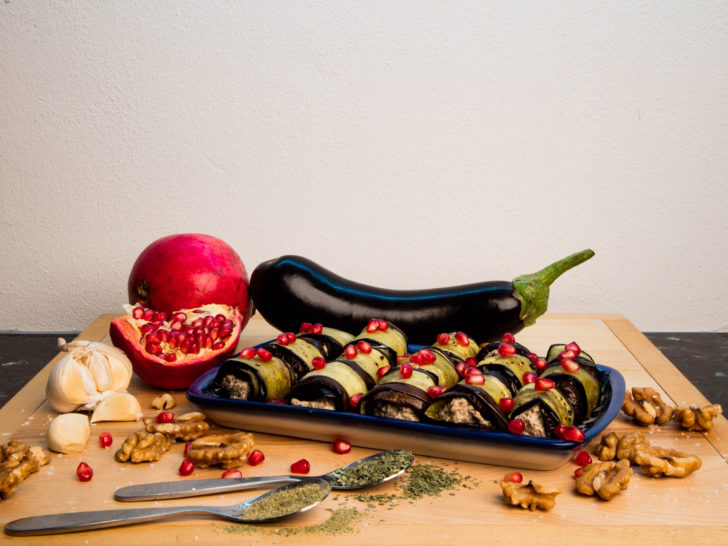 Our top 5 appetizer ideas, like this one with is Georgian eggplant rolls with walnuts and pomegranate seeds.