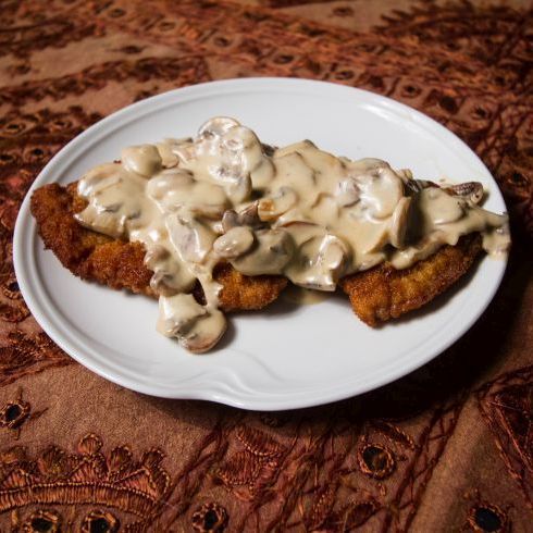 Jaeger Schnitzel recipe card.