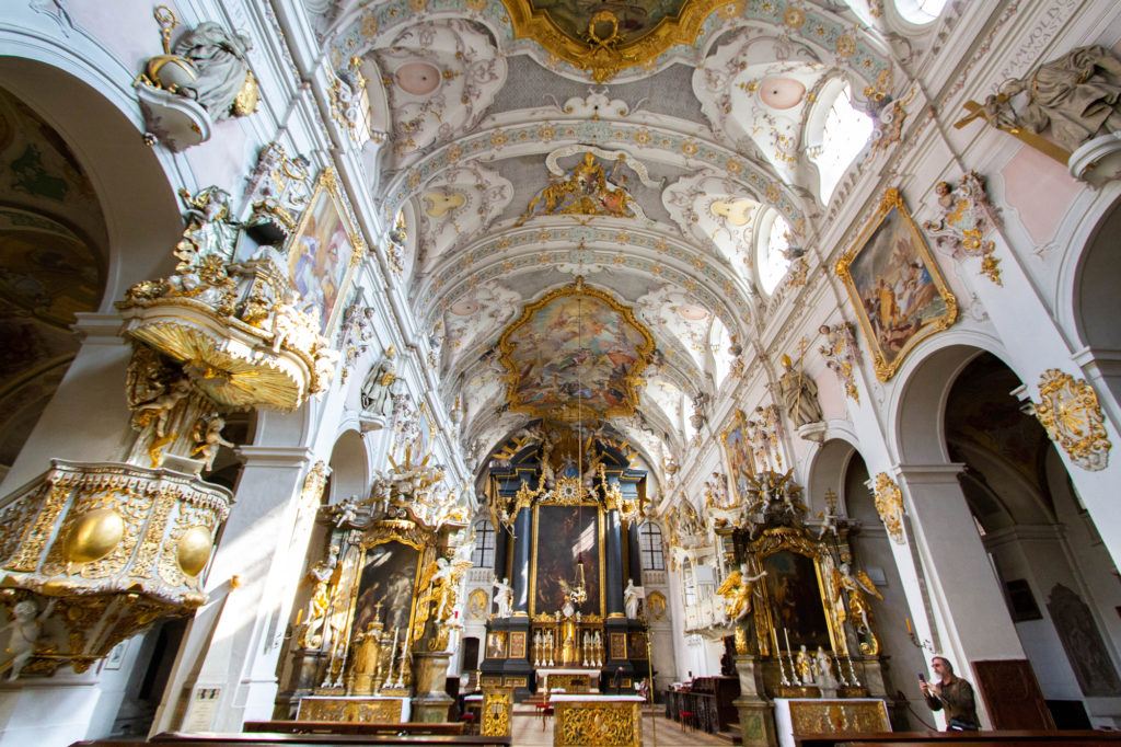 Interior and ornate ceiling of the Alte Kapelle in the Basilica of Regensburg.
