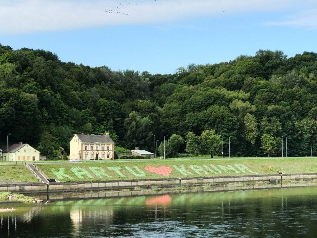 Kartu heart Kauna sign on the riverbank in Kaunas.