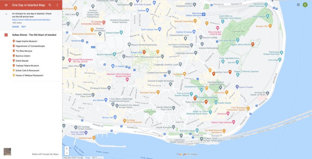 Map of Istanbul's 1 day itinerary. 