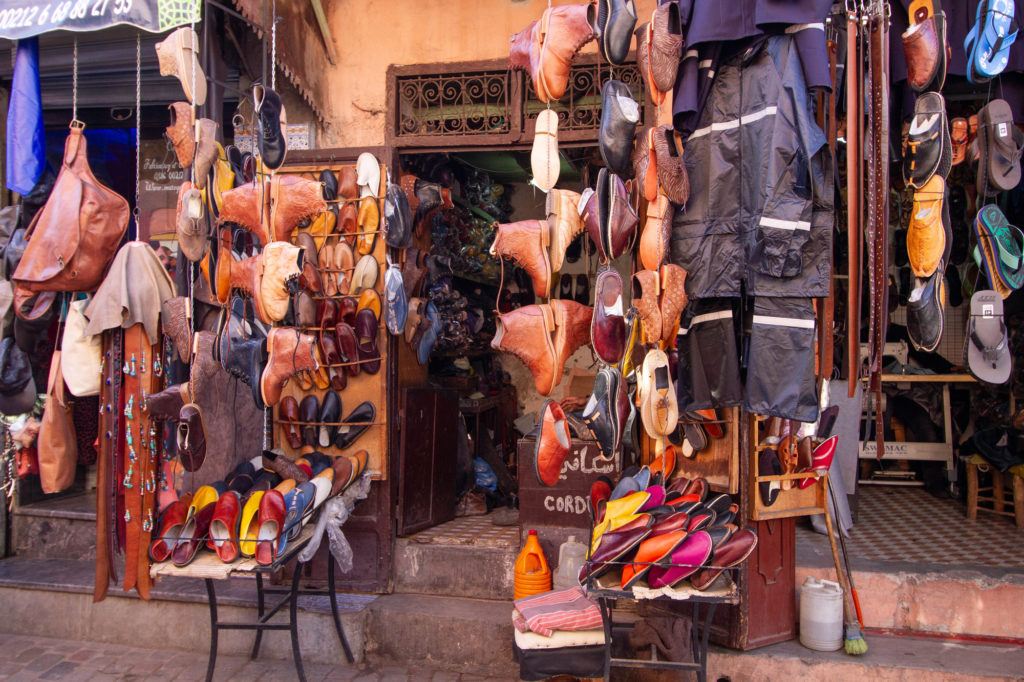 A shoe shop in the Marrakech Medina with leather everything from boots to slippers.