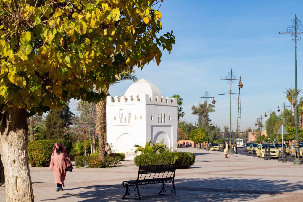 White mausoleum near Koutoubia Mosque, Marrakesh.