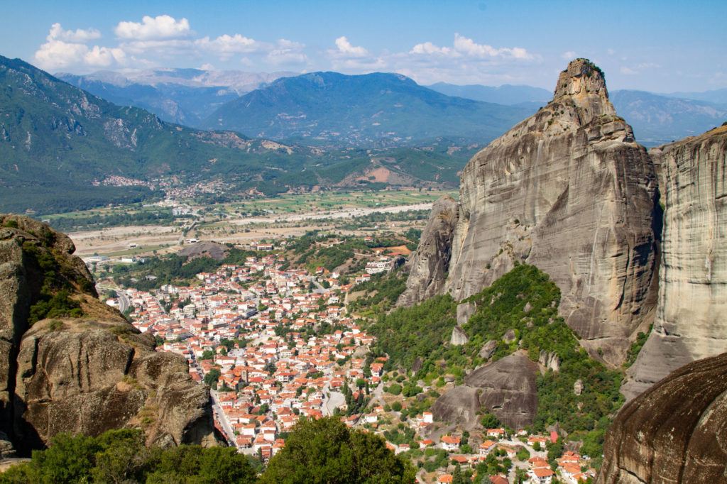 Rock pillars surround the town of Kastraki, Greece.