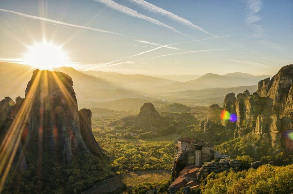 Sunset over Meteora, Greece.