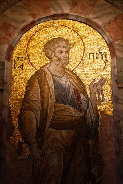 One of the many saints depicted in gold mosaic inside the Chora Church of Istanbul.