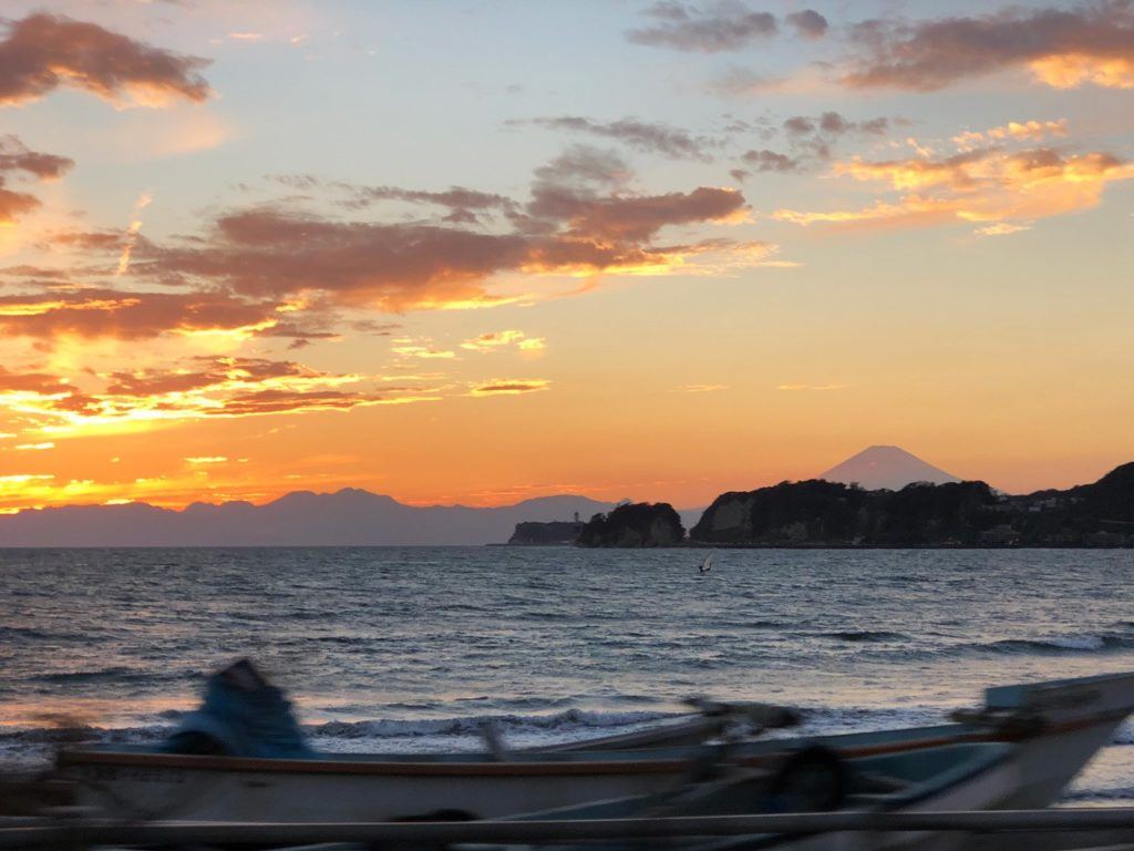 Winter sunset from the Kamakura Beach with Mt. Fuji.