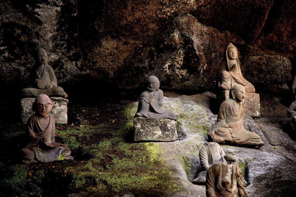 Small statues called rakkan line much of the path on Nokogiriyama.