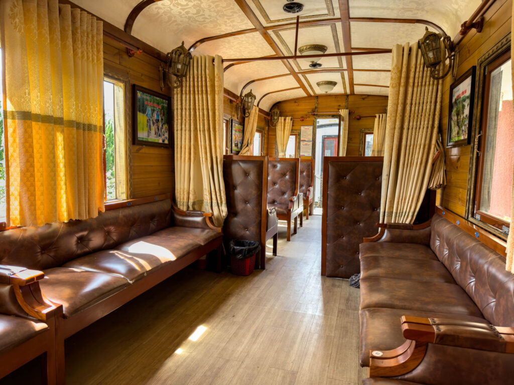 Interior of the train car of the Dalat Railway.