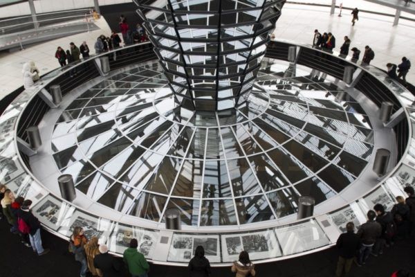 Informational signs around the central dome of the building. 