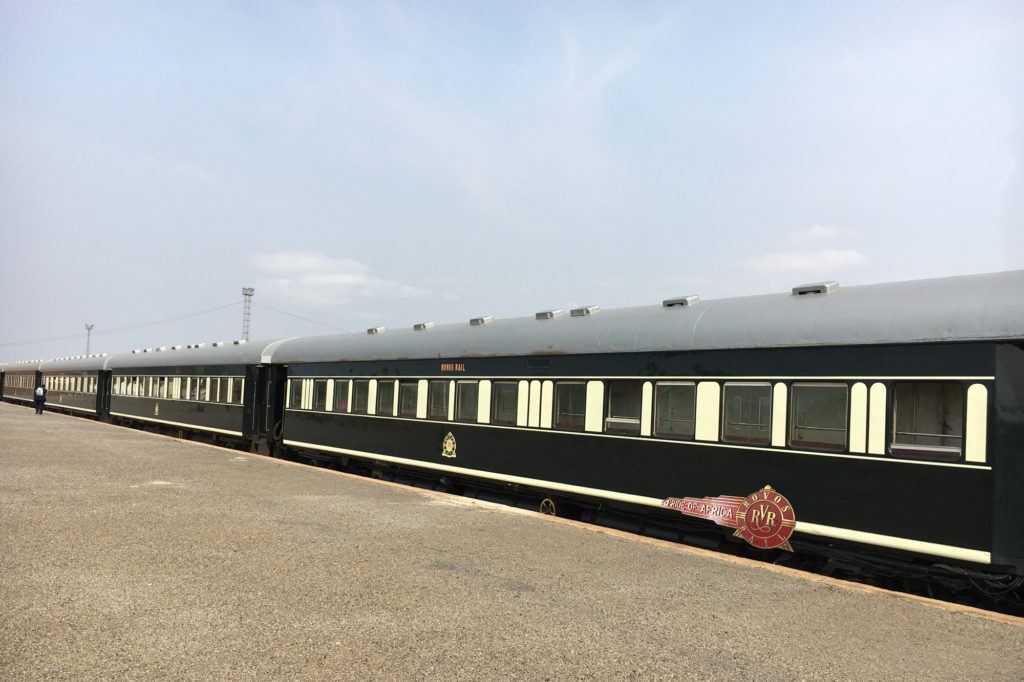 View of the Rovos Rail train in Zimbabwe where we stopped to get our visas.