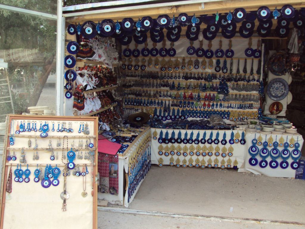 A shop with Turkish evil eye decorations and jewelry for sale.
