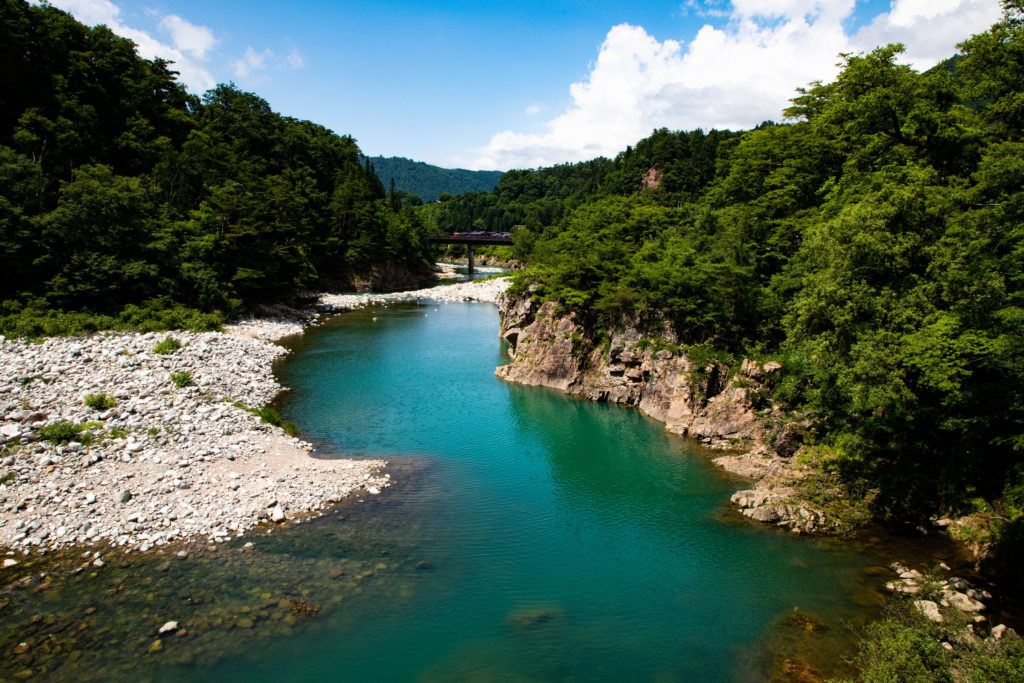 Turquoise water of the Shiro River in summer, Japan.