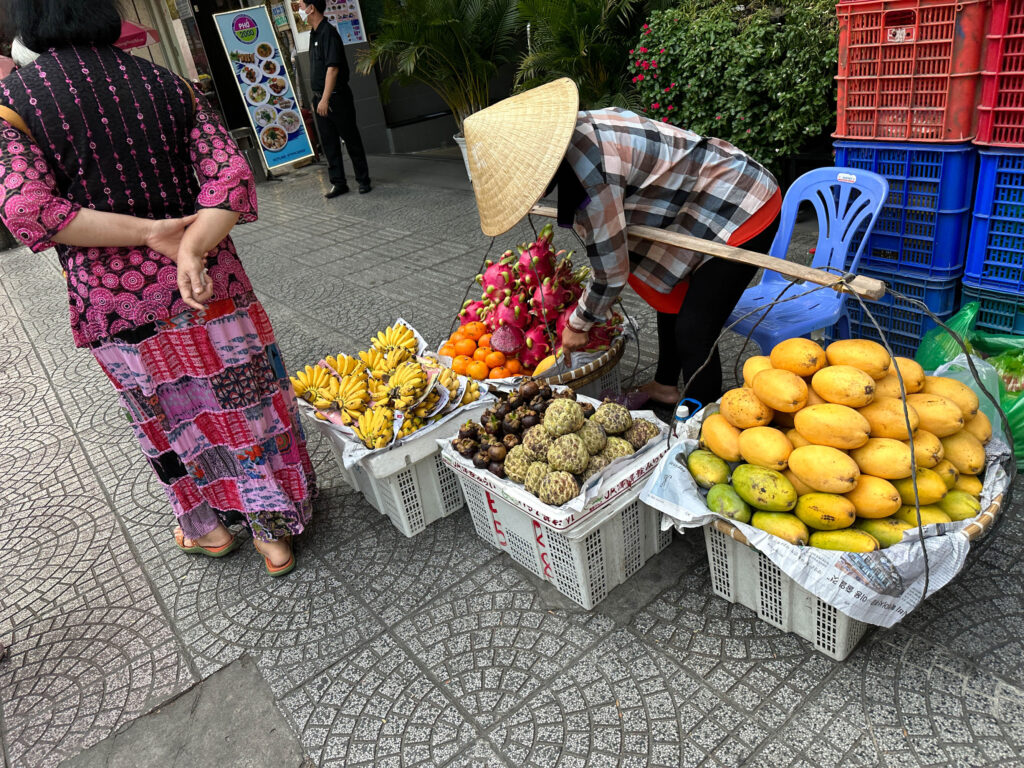 A commong sight as you walk around Ho Chi Minh city, a woman selling produce.