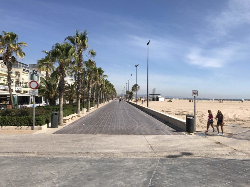A beach, walkway, and people in Valencia.