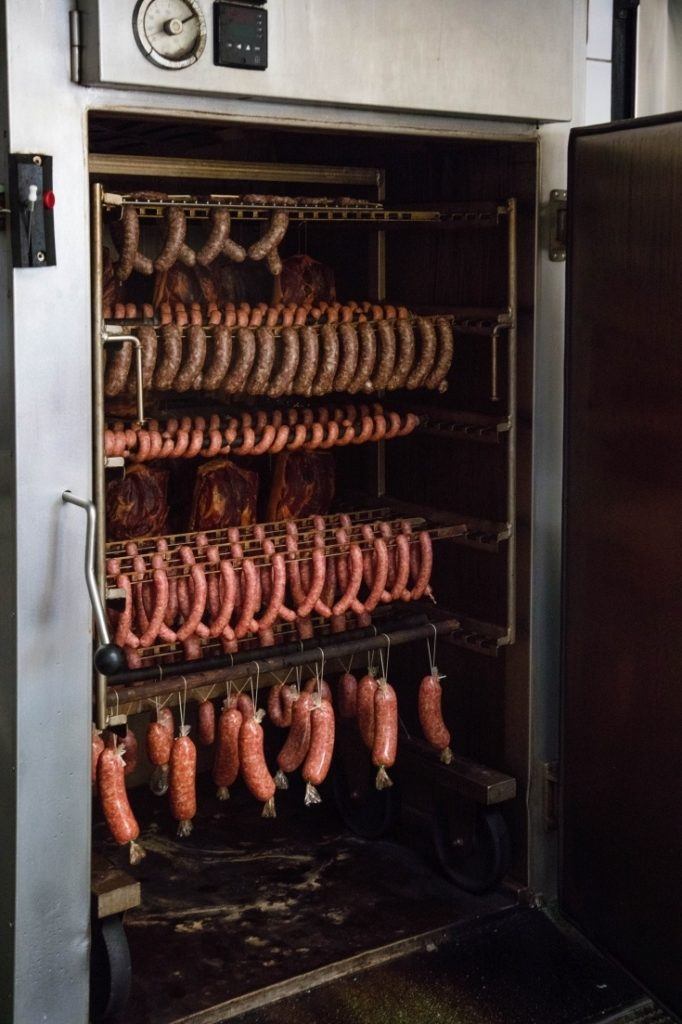 Dried racks of German bratwurst and other sausages.