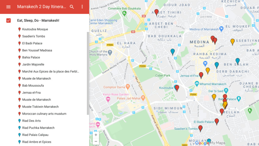 Marrakesh map for 2 day itinerary map with highlights, restaurants and riads.