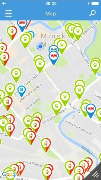 Map of Minsk with buses and metros pinned on it on the MinskRoutes app.