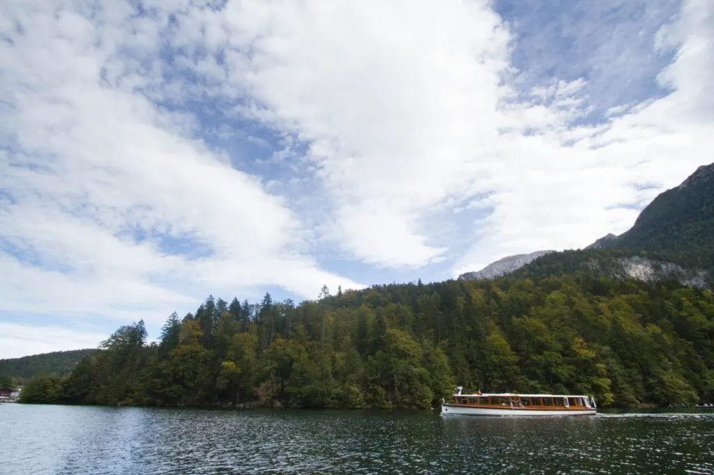 A boat gliding along Lake K&ouml;nigssee Germany.