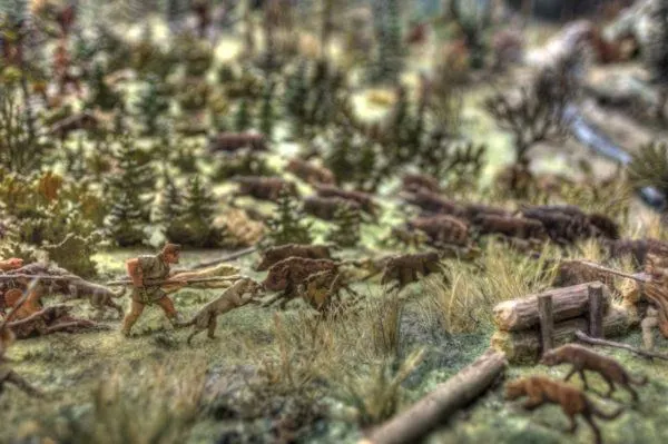 A boar hunting scene outside of the fort walls. in the Limes Museum.