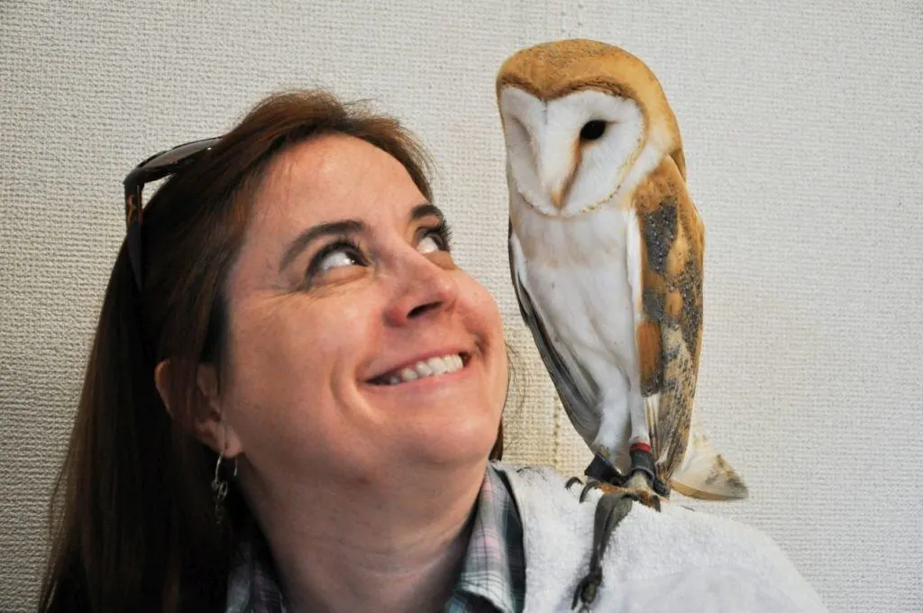 Owl perched on Ernestine's shoulder.