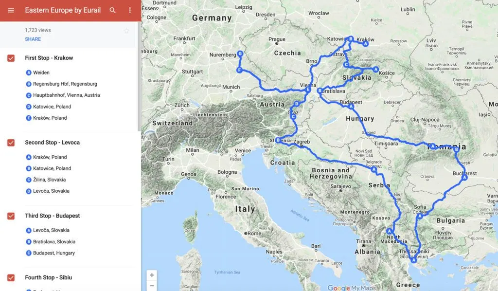 Map of Eastern Europe Itinerary and our train travel in Eastern Europe.
