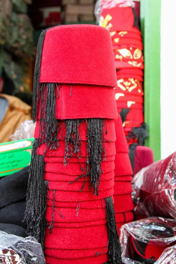 A shop selling the traditional Tunisian fez in the Tunis souk.