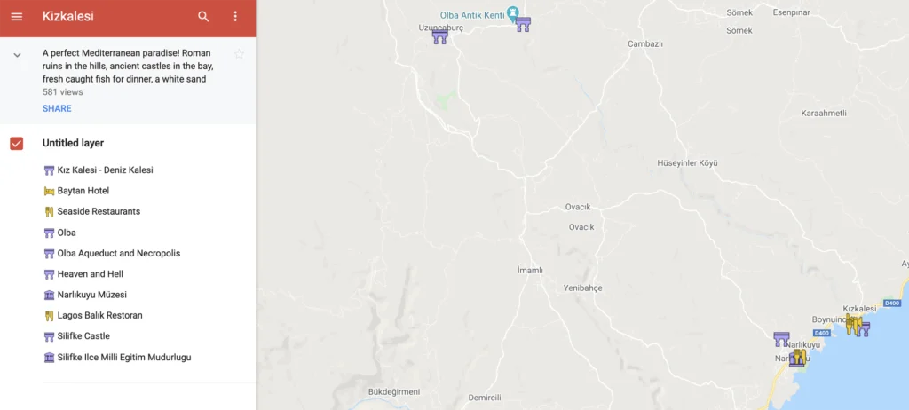 Map of Kizkalesi, with things and attractions to do in the surrounding area.