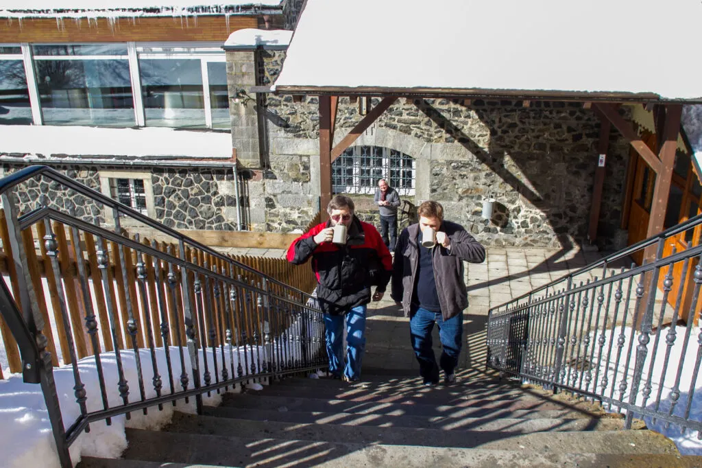 Walking outside with our beer at Kreuzberg monastery and brewery.