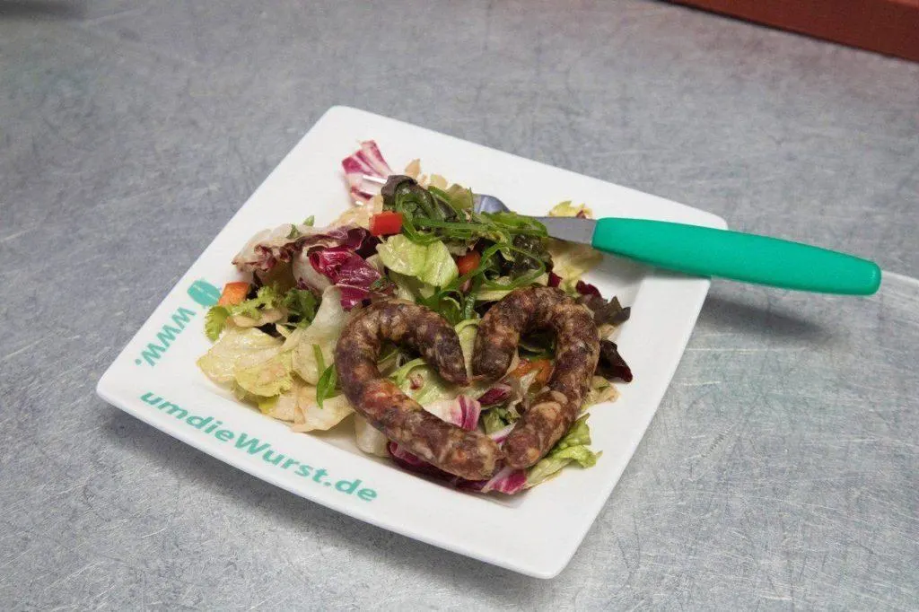 Bratwurst and salad on plate.