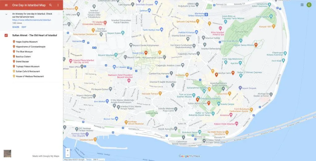 Map of Istanbul's 1 day itinerary. 