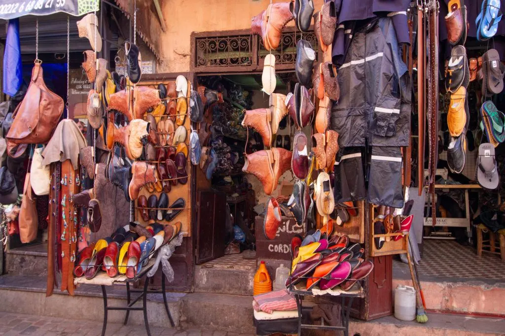 A shoe shop in the Marrakech Medina with leather everything from boots to slippers.