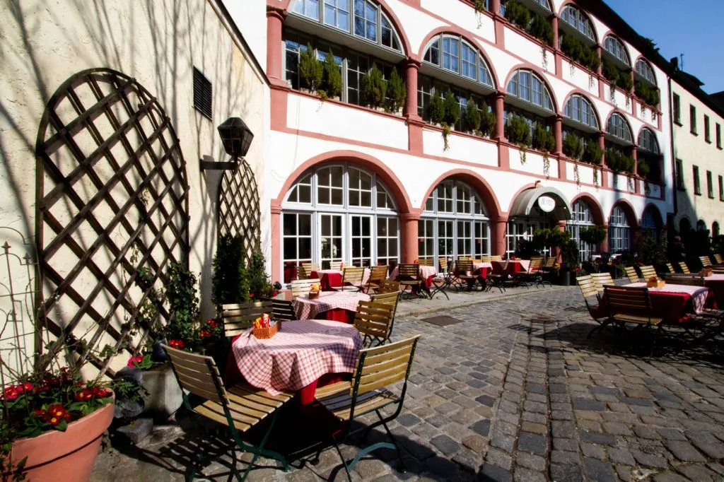 A beautiful square set up for lunch on a sunny spring day.