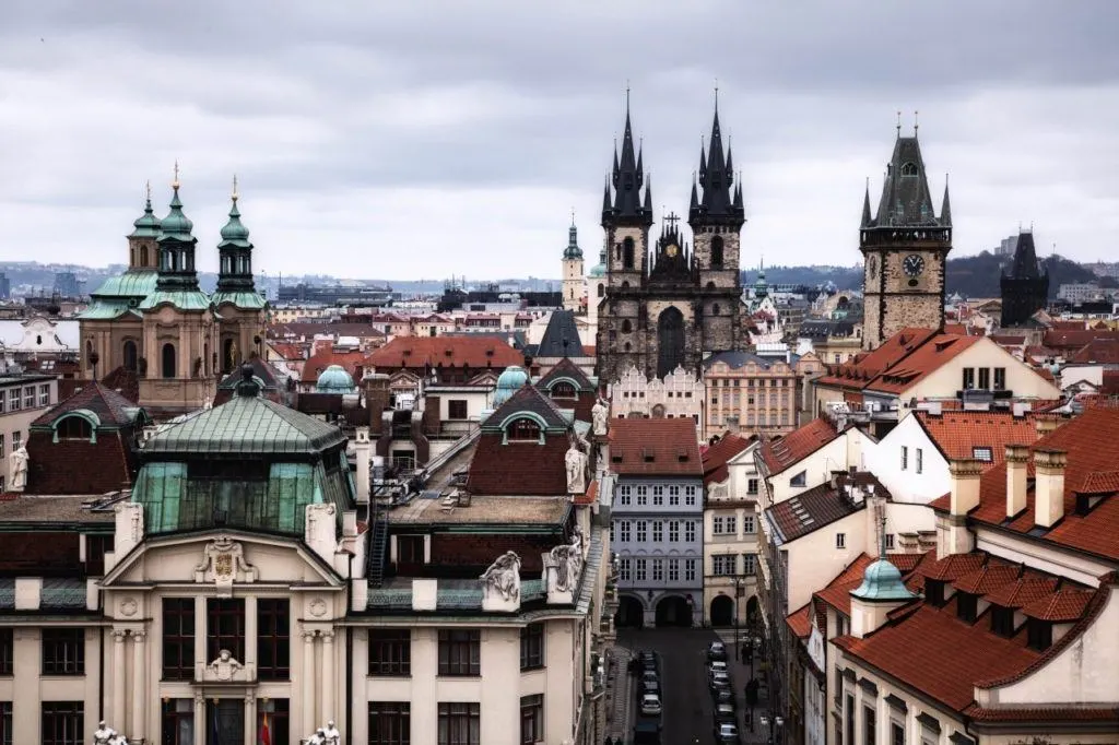 Prague sightseeing from above at the top of the Astronomical tower.