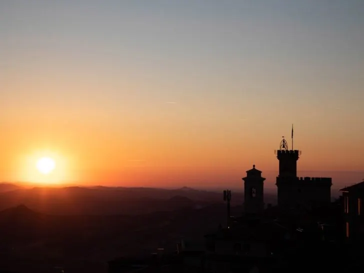 Sunset view from San Marino, castle and fortifications walls.