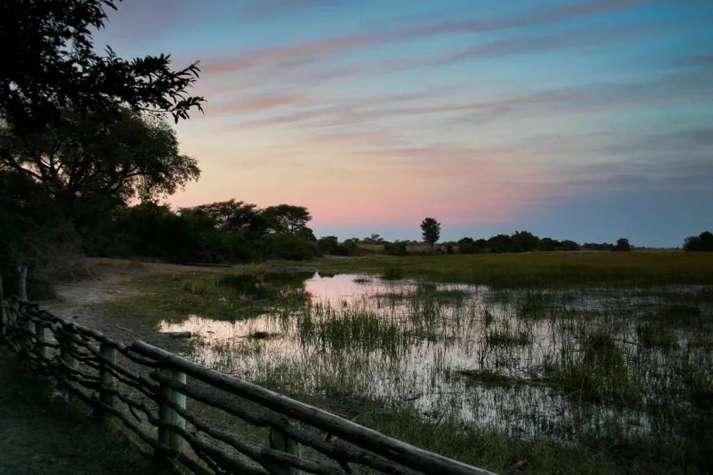 The sun sets over the wetlands in Seronga Bostwana.