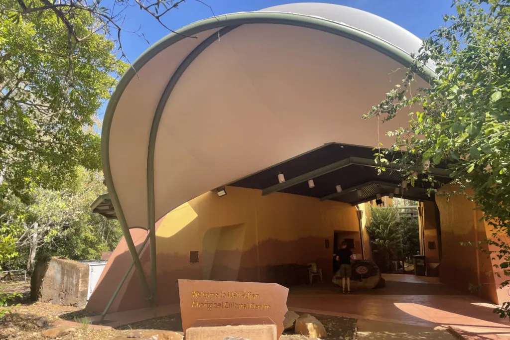 The entrance to the turtle shaped Warradjan Aboriginal Cultural Centre. Warradjan means turtle in the local language.